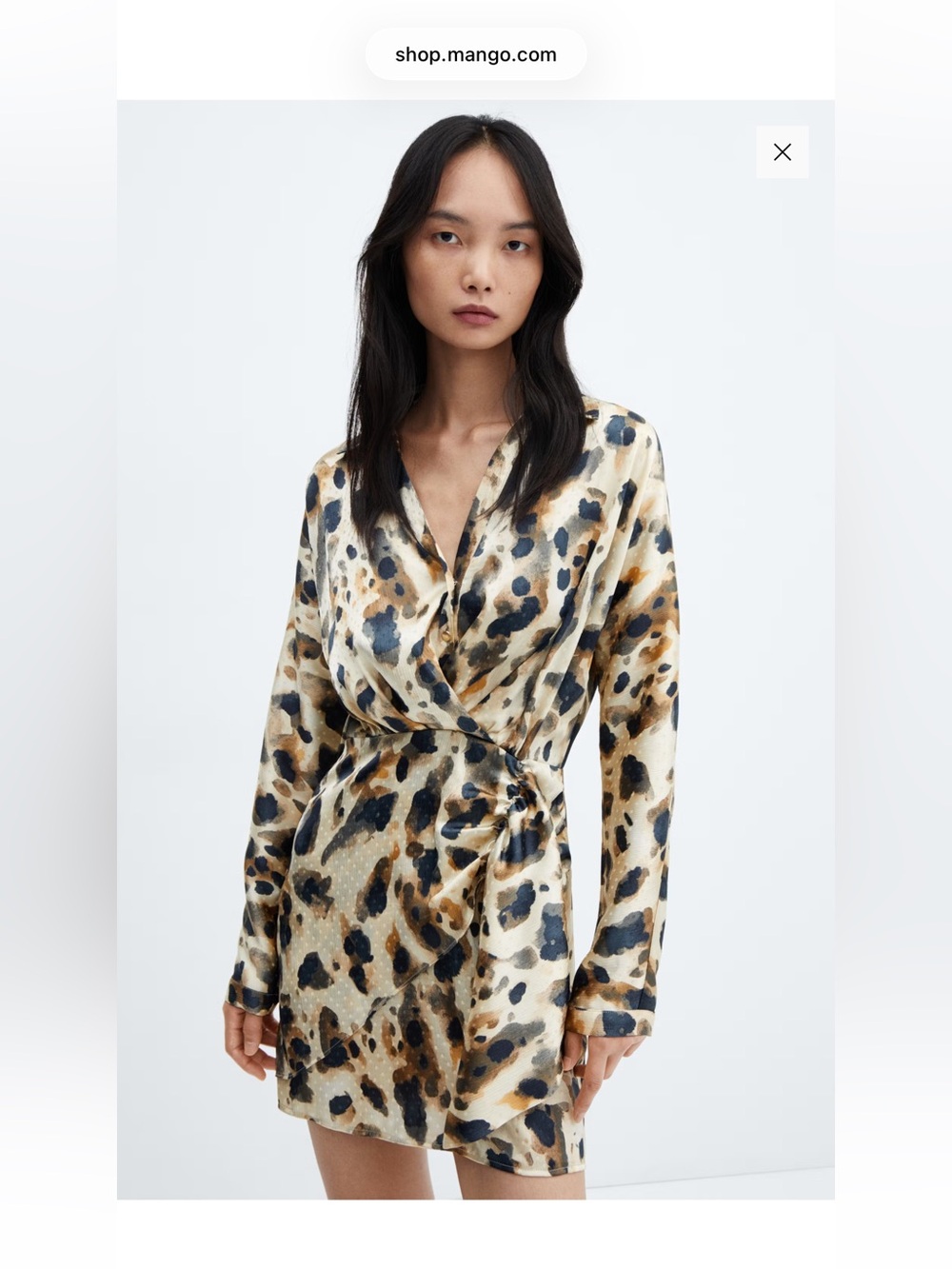 NWT Mango Leopard-Print Wrap Long-Sleeve Satin Mini Dress Size XL
